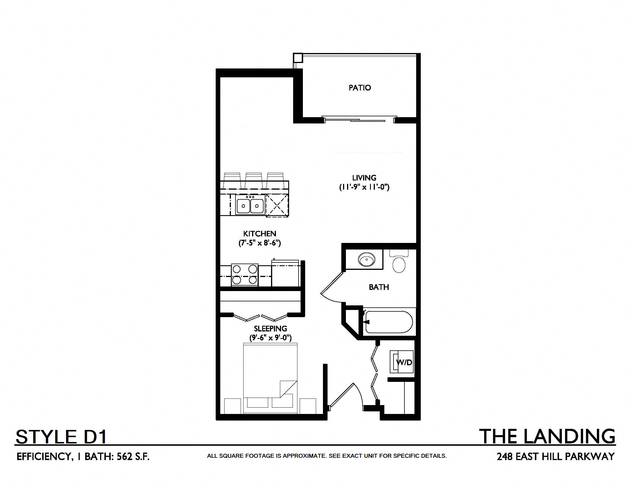 Floor plan for studio, 1 bath, 562 sqft